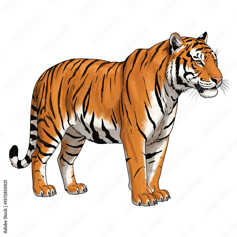 Obraz premium Striking Tiger Illustration: A bold and vivid illustration of a majestic tiger, showcasing its iconic orange and black stripes, capturing the strength and beauty of this magnificent animal.