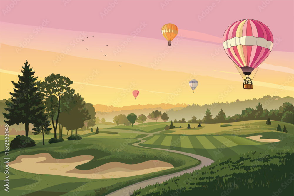 Obraz premium Vector golf course with hot air balloons overhead.