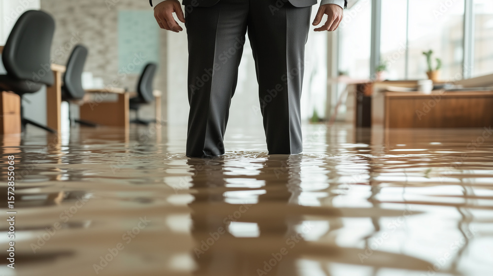 Fototapeta premium Man in a business suit stands in water inside a flooded modern office space.