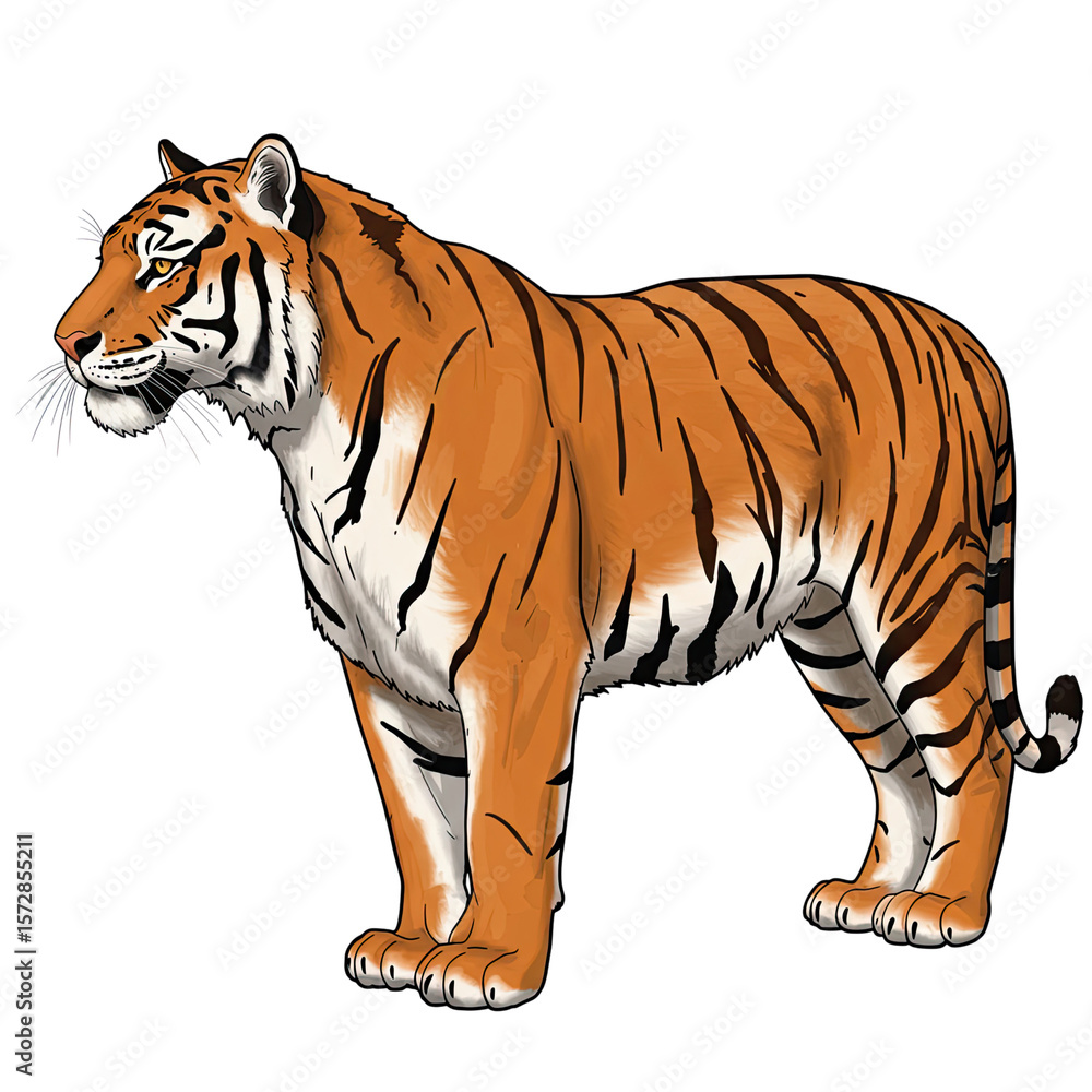 Fototapeta premium Majestic Tiger: A striking tiger illustration, exuding strength, is captured against a clean backdrop, highlighting the tiger's fierce beauty and intricate patterns.