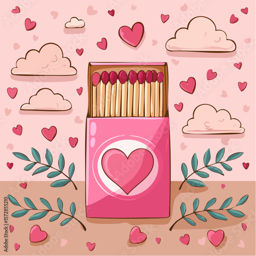 Pink romantic matchbook with burning heart illustration and cute phrase. Doodle matches in open box. Valentine day gift. Y2k girly drawing. Vector graphic