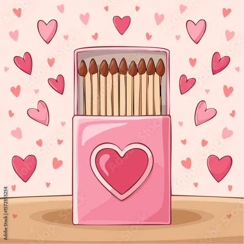 Pink romantic matchbook with burning heart illustration and cute phrase. Doodle matches in open box. Valentine day gift. Y2k girly drawing. Vector graphic