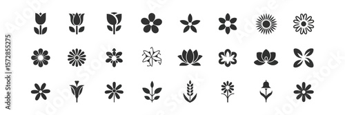 Various Floral Silhouette Collection, Assorted Tulips, Roses, and Flower Icons Set