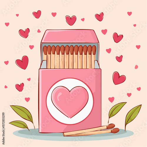 Pink romantic matchbook with burning heart illustration and cute phrase. Doodle matches in open box. Valentine day gift. Y2k girly drawing. Vector graphic