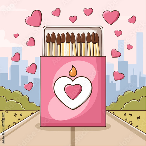 Pink romantic matchbook with burning heart illustration and cute phrase. Doodle matches in open box. Valentine day gift. Y2k girly drawing. Vector graphic