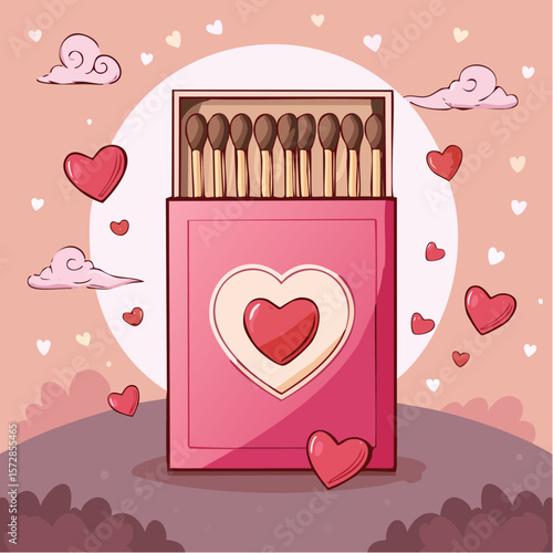 Pink romantic matchbook with burning heart illustration and cute phrase. Doodle matches in open box. Valentine day gift. Y2k girly drawing. Vector graphic