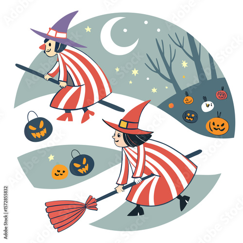 Two witches flying on broomsticks with pumpkin lanterns under a crescent moon and starry sky scene