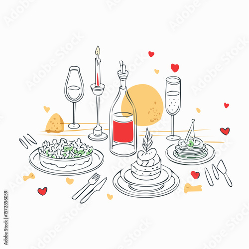 Contemporary minimalist line art illustrations for dinner party event. Hand drawn food, candles, drinks and decor doodles. Coquette ink menu design. Vector graphic