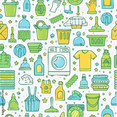 Seamless vector banner with outline cleaning icons. Background with hand drawn house work elements. Laundry sketch pattern. Home routine doodle ...