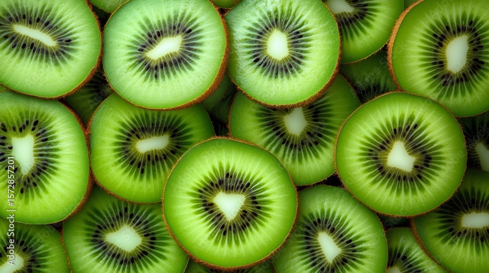 Sliced kiwi fruits creating vibrant green food background Sliced kiwi fruits creating vibrant green food background
