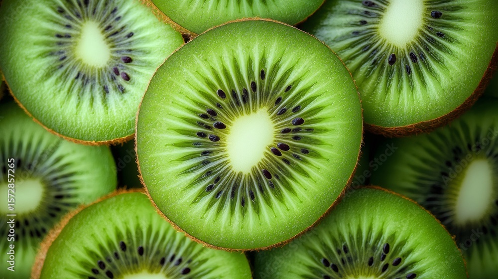 Fresh kiwi slices showing seeds and vibrant green flesh Fresh kiwi slices showing seeds and vibrant green flesh