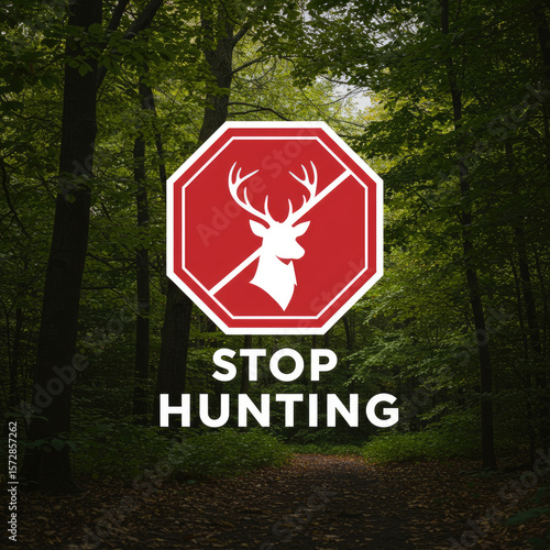 A Call to Protect Wildlife: A powerful depiction of a stop hunting sign with a deer silhouette, set against the backdrop of a serene forest, invoking a sense of tranquility and conservation.