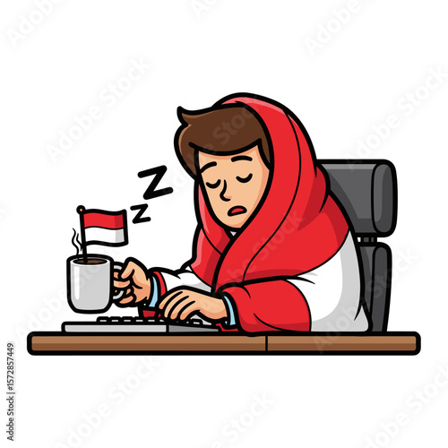 Sleepy person at desk with coffee
