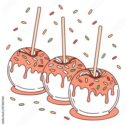 Illustration of three caramel apples with sprinkles and wooden sticks on a white background design