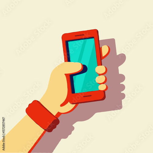 Vector illustration of a hand holding a red smartphone with blank screen on light background