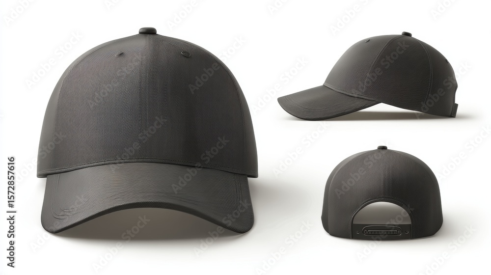 Fototapeta premium Black Baseball Cap on White Background in Different Angles