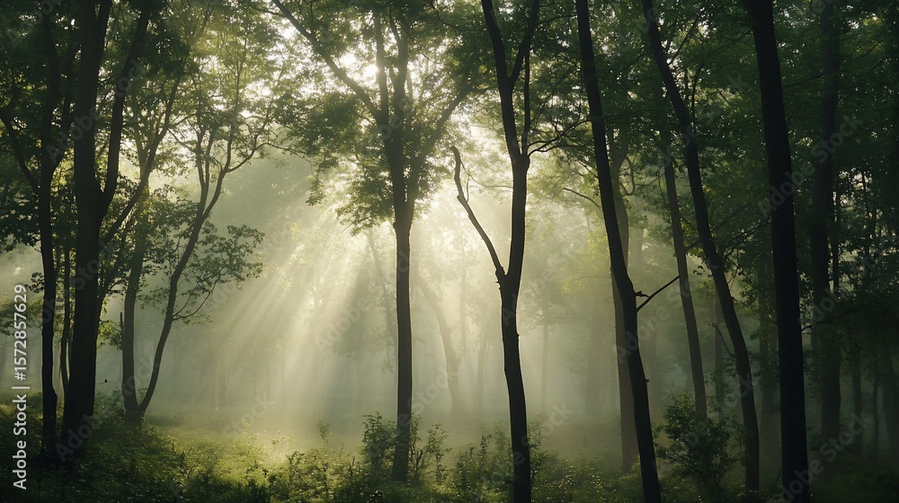 Obraz premium Sunlit Forest Canopy: Ethereal Rays Through the Woodland Mist