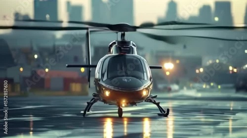 Dark helicopter on tarmac city lights in background