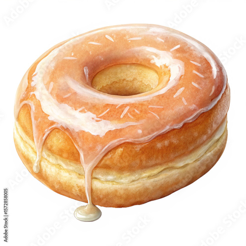 Glazed donut with melted syrup dripping on golden crispy surface