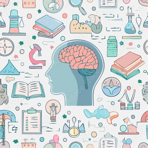 Seamless vector banner with hand drawn psychology doodles. Pattern about mental health, psychotherapy, depression and anxiety treatment. Background with abstract human head, brain, books outline ...