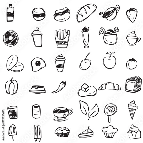food hand drawn icon set. cute and adorable symbol doodle. cafe hand drawn black and white icon. cafe black and white doodle. set 3