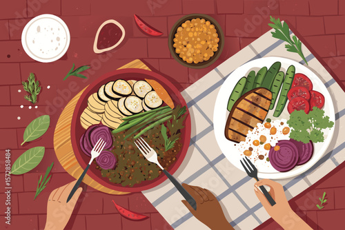 Overhead vector illustration of a rustic dinner setting with grilled food.