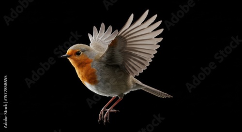 European robin in flight against a solid black background showcasing its wing span, orange breast