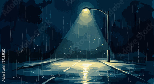 A powerful, moody watercolor of an empty nighttime street in the rain, evoking mystery and urban solitude.