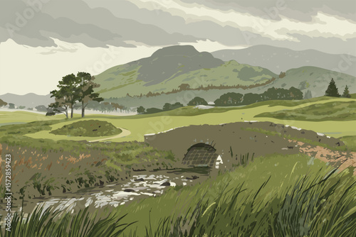 Vector hilly Scottish golf landscape with ancient ruins.