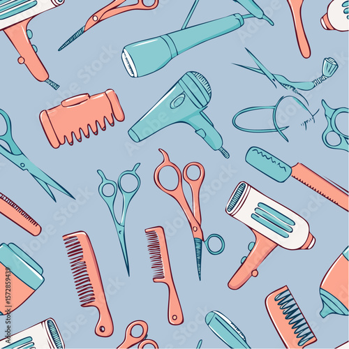 Seamless vector banner with outline hairdresser tools. Hand drawn barber equipment background. Hair dryer, curling and flat iron, scissors, comb, brush in freehand style. Beauty ...