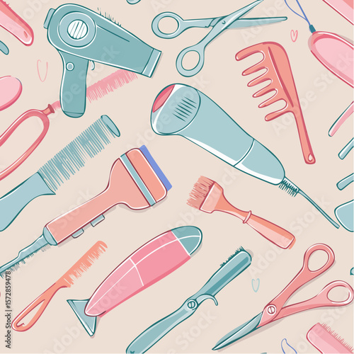 Seamless vector banner with outline hairdresser tools. Hand drawn barber equipment background. Hair dryer, curling and flat iron, scissors, comb, brush in freehand style. Beauty ...