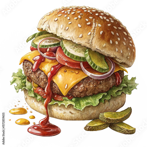 Juicy beef burger with melted cheese, lettuce, tomato, and sesame bun