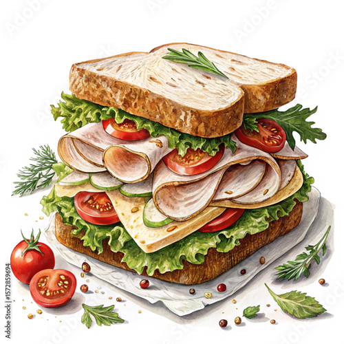 Large fresh sandwich layered with meat, lettuce, tomato, and herbs