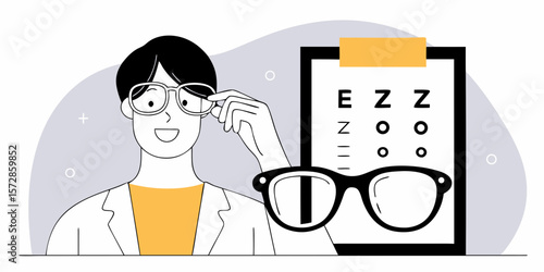 Optometrist checks eyesight with a visual acuity chart and eyeglasses for vision care and healthy eyes, suitable for optical services.