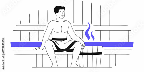 Relaxing sauna time features a man enjoying the heat, showcasing wellness and spa themes, perfect for health or lifestyle designs.