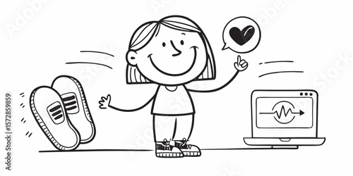 Cartoon girl character loves fitness tracking with heart, running shoes, and a fitness app for modern healthy lifestyle.