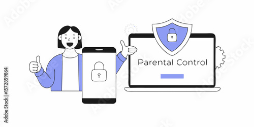 Parental control represented with a person, smartphone, and computer display for security design and protection.