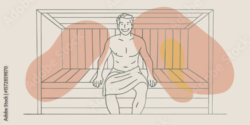 Relaxing sauna scene depicting a man wrapped in a towel, ideal for wellness and spa graphics, also representing heat.