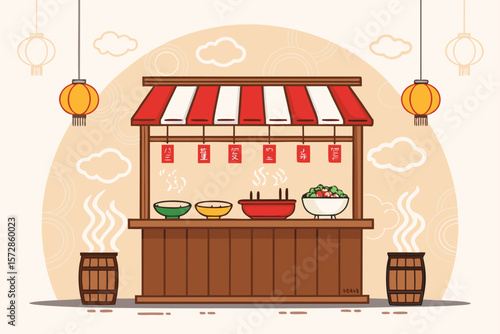 Vector illustration of a warm, inviting ramen shop with steamy bowls of noodles on a wooden counter.
