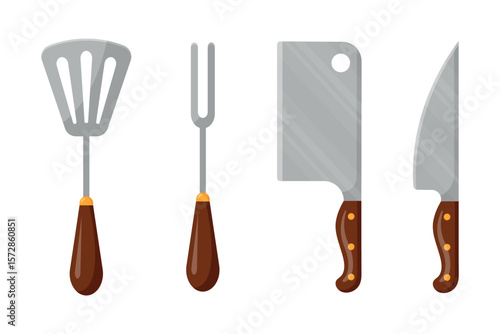 Collection of kitchenware on transparent background. Kitchen items icons. Design element for cooking theme,restaurants,cafe,outdoor cooking,posters,patterns,logos. Flat cartoon style.Vector design. 