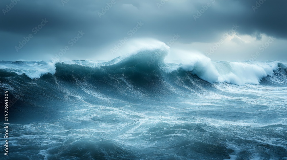 Fototapeta premium Big ocean waves crashing during storm with dramatic sky