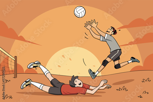 Humorous vector illustration of a chaotic volleyball game with players in funny poses.