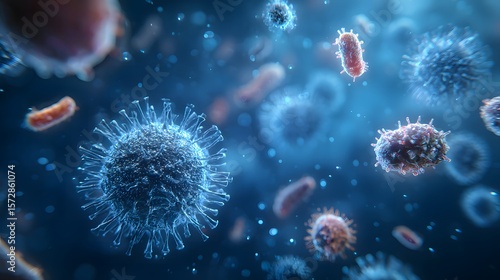 A realistic 3D illustration of bacteria and viruses in floating motion, visualized in high detail to represent microbiology and antimicrobial research.