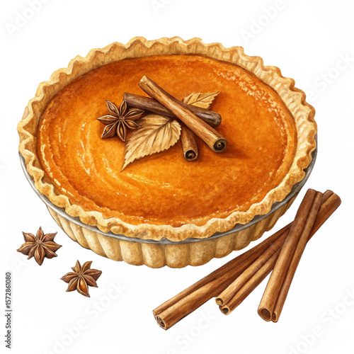 Classic pumpkin pie with star anise and cinnamon sticks on the side