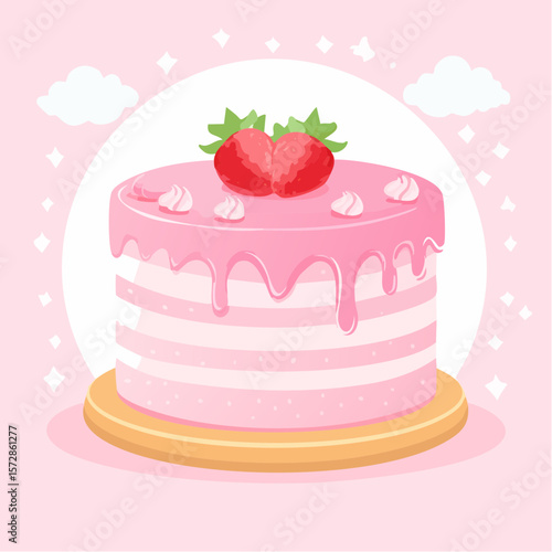 Cute pink bento cake with melting glaze and strawberries on top. Girly dessert for birthday, valentine day, anniversary. Hand drawn doodle pastry. Vector ...