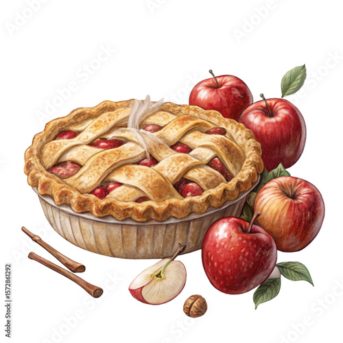 Apple pie with lattice crust and cinnamon surrounded by fresh apples