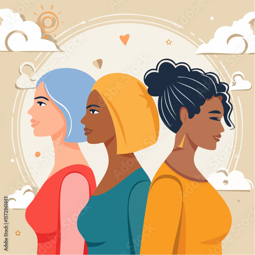 Women of different races standing together. Profile silhouettes of three female characters with varaious hairstyles. Minimal line art style illustration. Feminist movement ...
