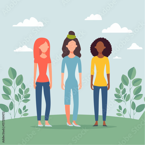 Women of different races standing together. Profile silhouettes of three female characters with varaious hairstyles. Minimal line art style illustration. Feminist movement ...