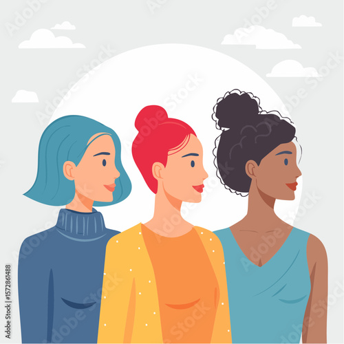 Women of different races standing together. Profile silhouettes of three female characters with varaious hairstyles. Minimal line art style illustration. Feminist movement ...