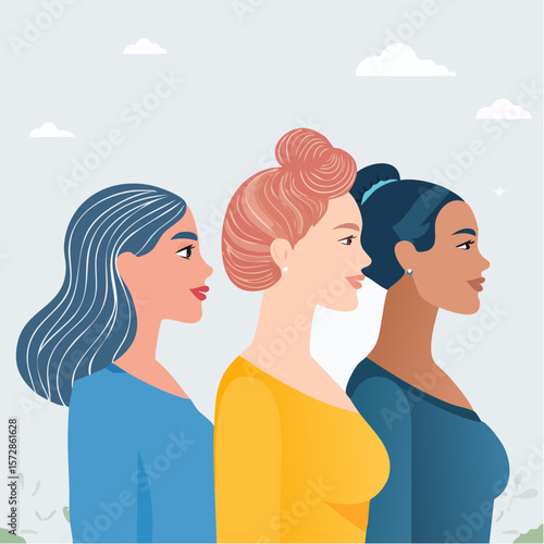 Women of different races standing together. Profile silhouettes of three female characters with varaious hairstyles. Minimal line art style illustration. Feminist movement ...